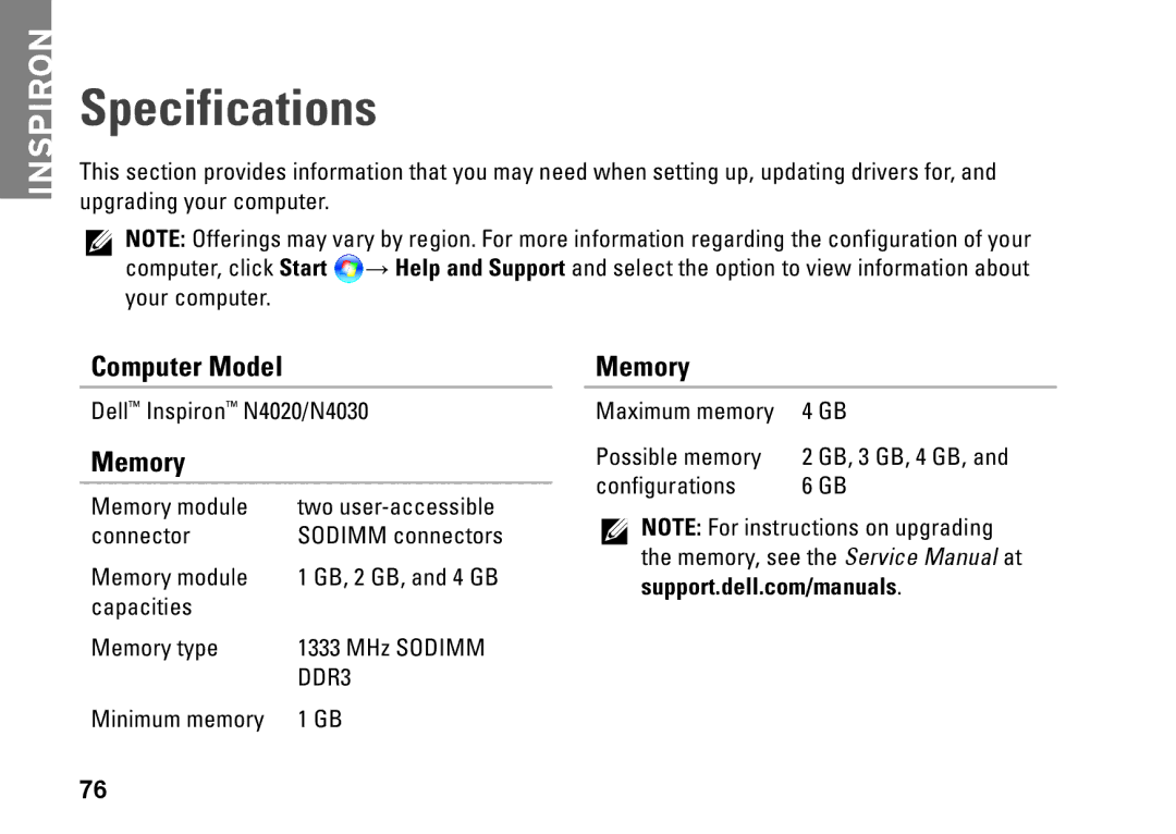 Dell P07G003, N4020, N4030, P1M49, P07G001 setup guide Specifications, Computer Model, Memory 