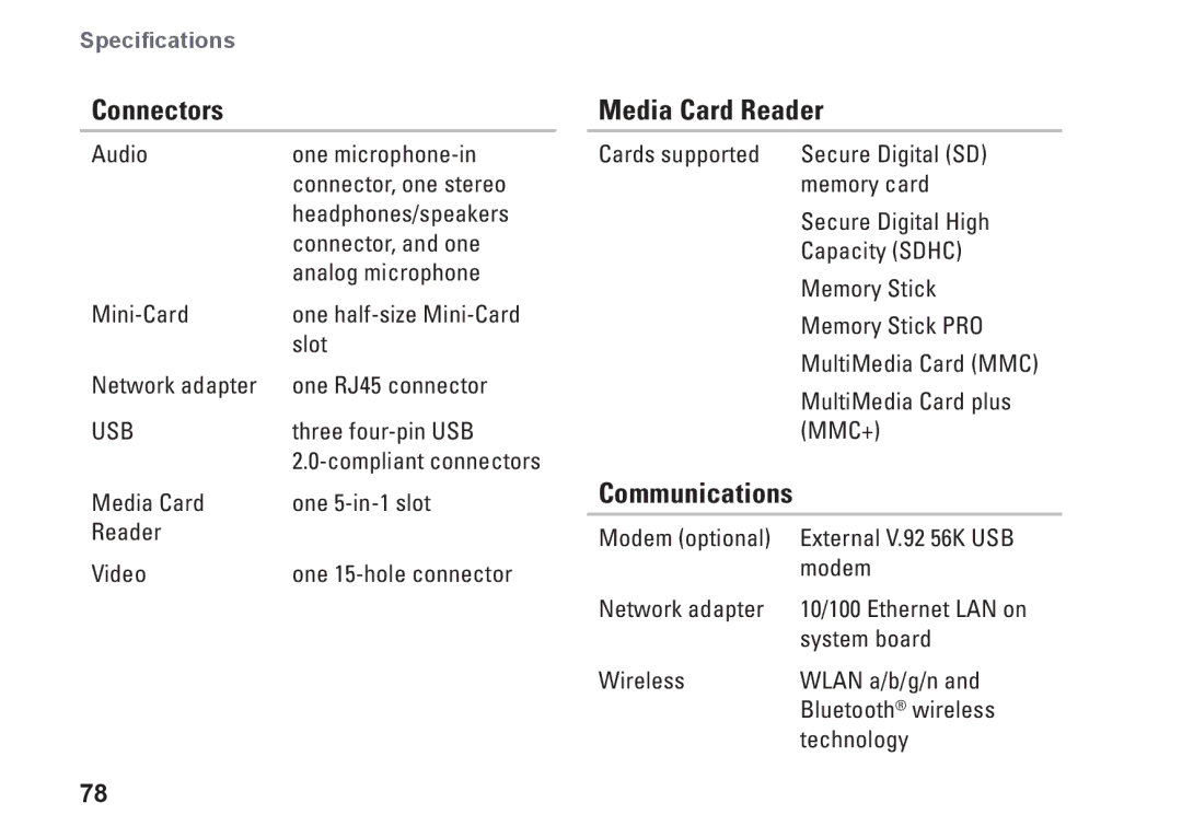 Dell N4020, N4030, P1M49, P07G003, P07G001 setup guide Connectors, Media Card Reader, Communications 