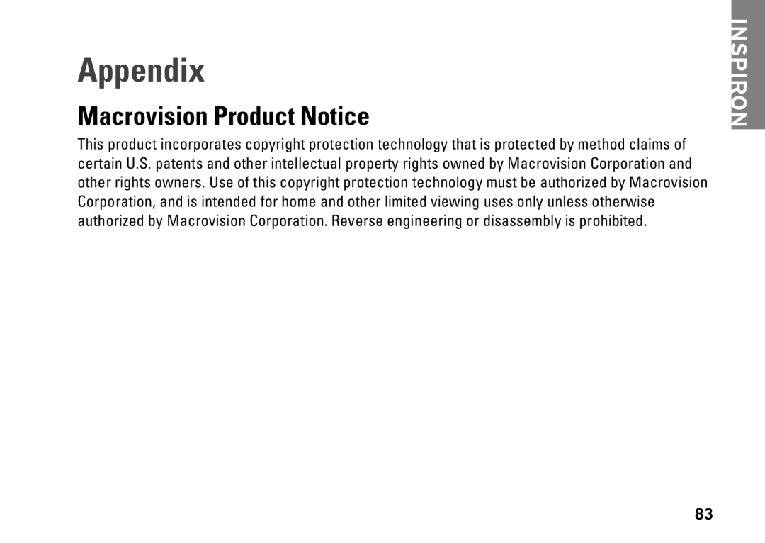 Dell N4020, N4030, P1M49, P07G003, P07G001 setup guide Appendix, Macrovision Product Notice 