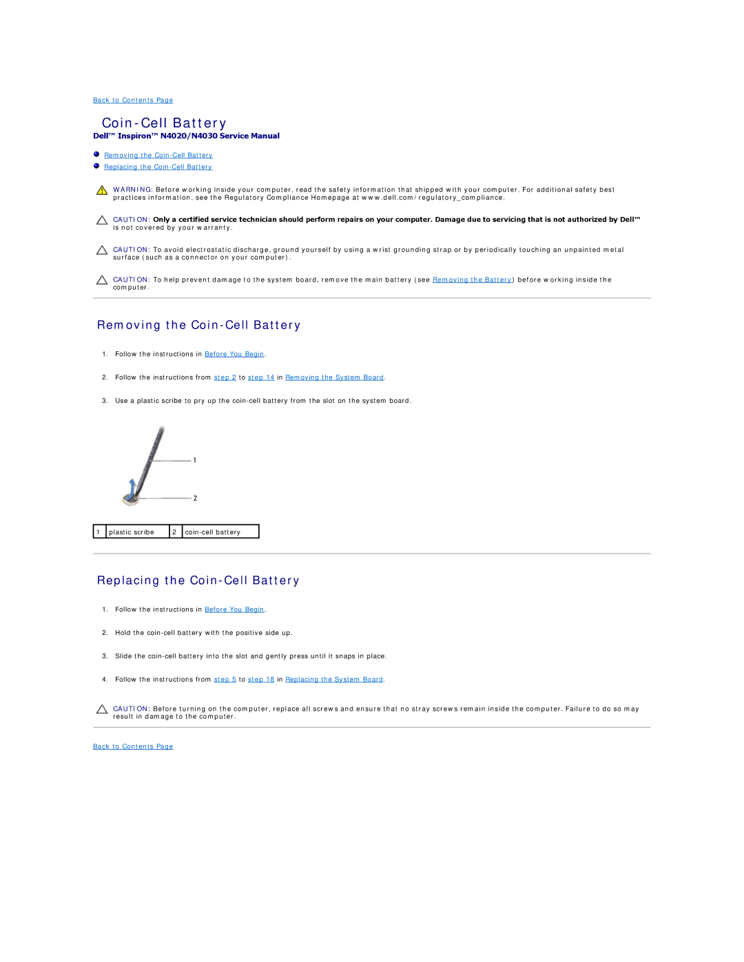 Dell N4020, N4030 manual Removing the Coin-Cell Battery, Replacing the Coin-Cell Battery 