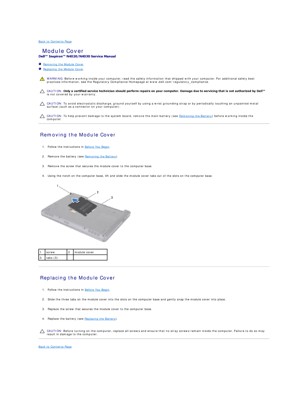 Dell N4020, N4030 manual Removing the Module Cover, Replacing the Module Cover 