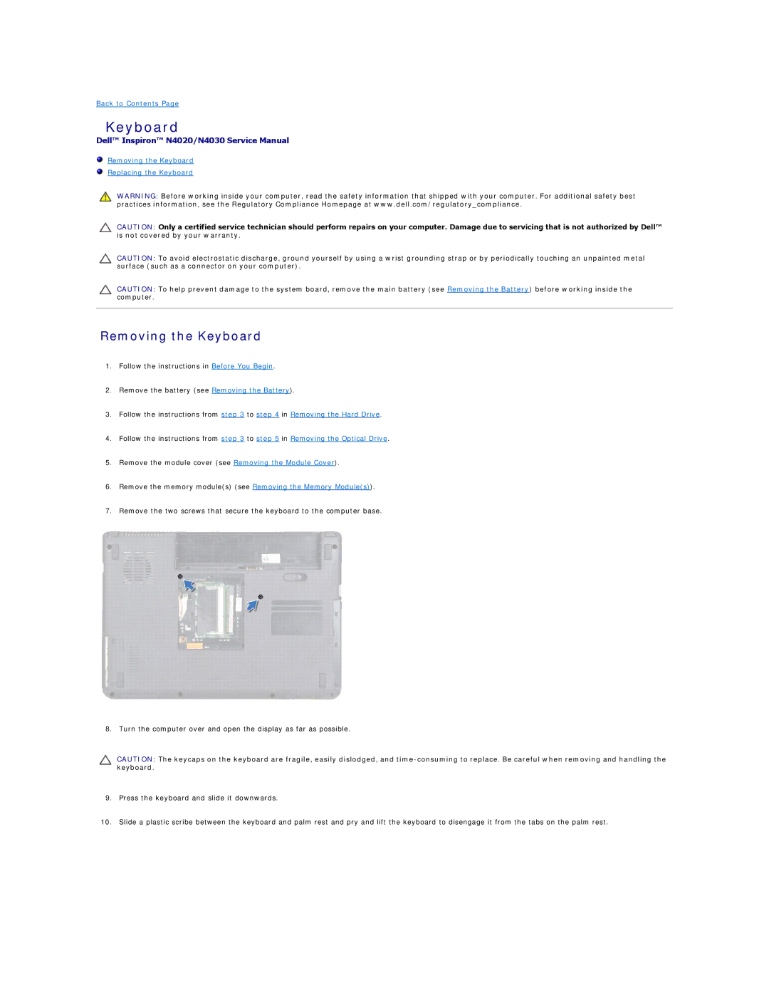 Dell N4020, N4030 manual Removing the Keyboard 
