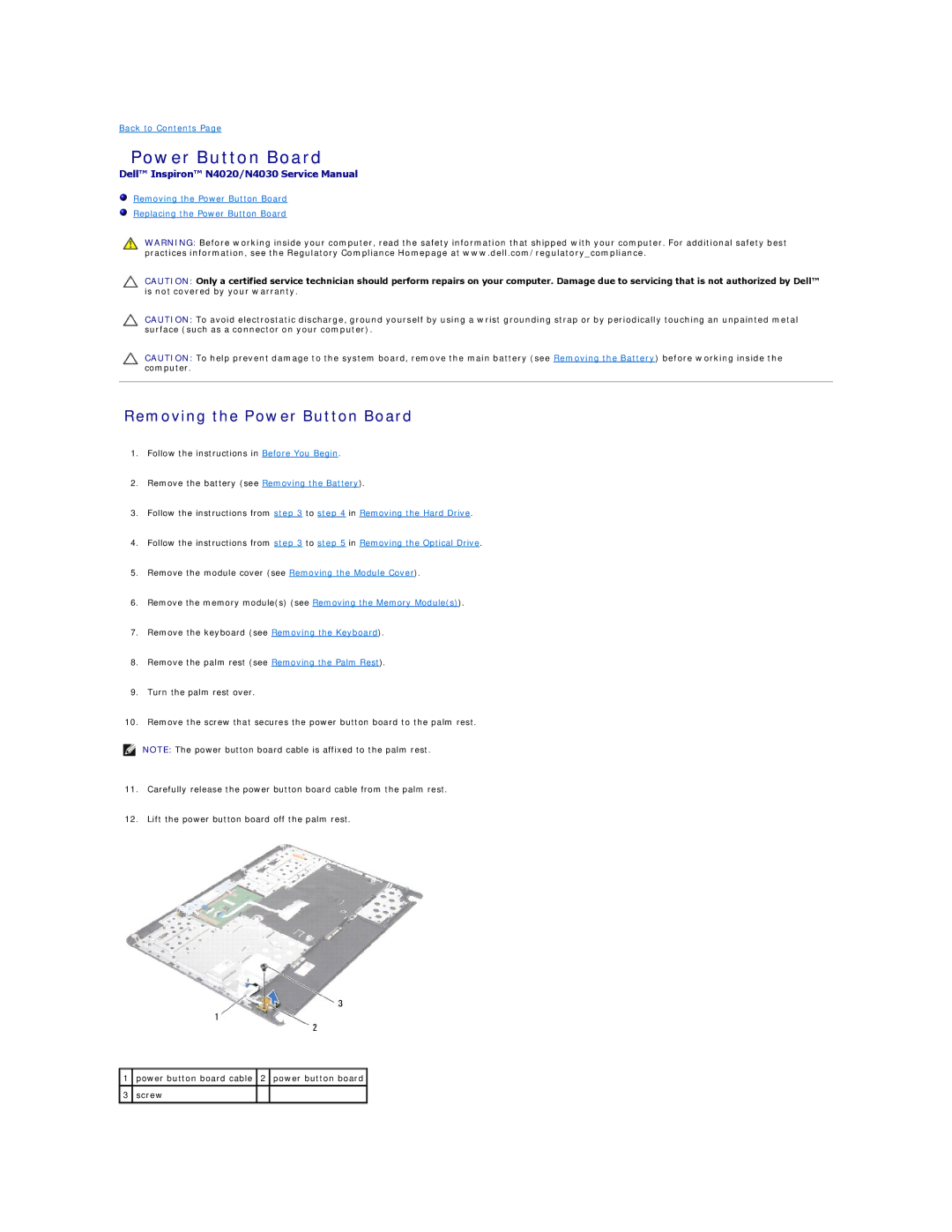 Dell N4030, N4020 manual Removing the Power Button Board 