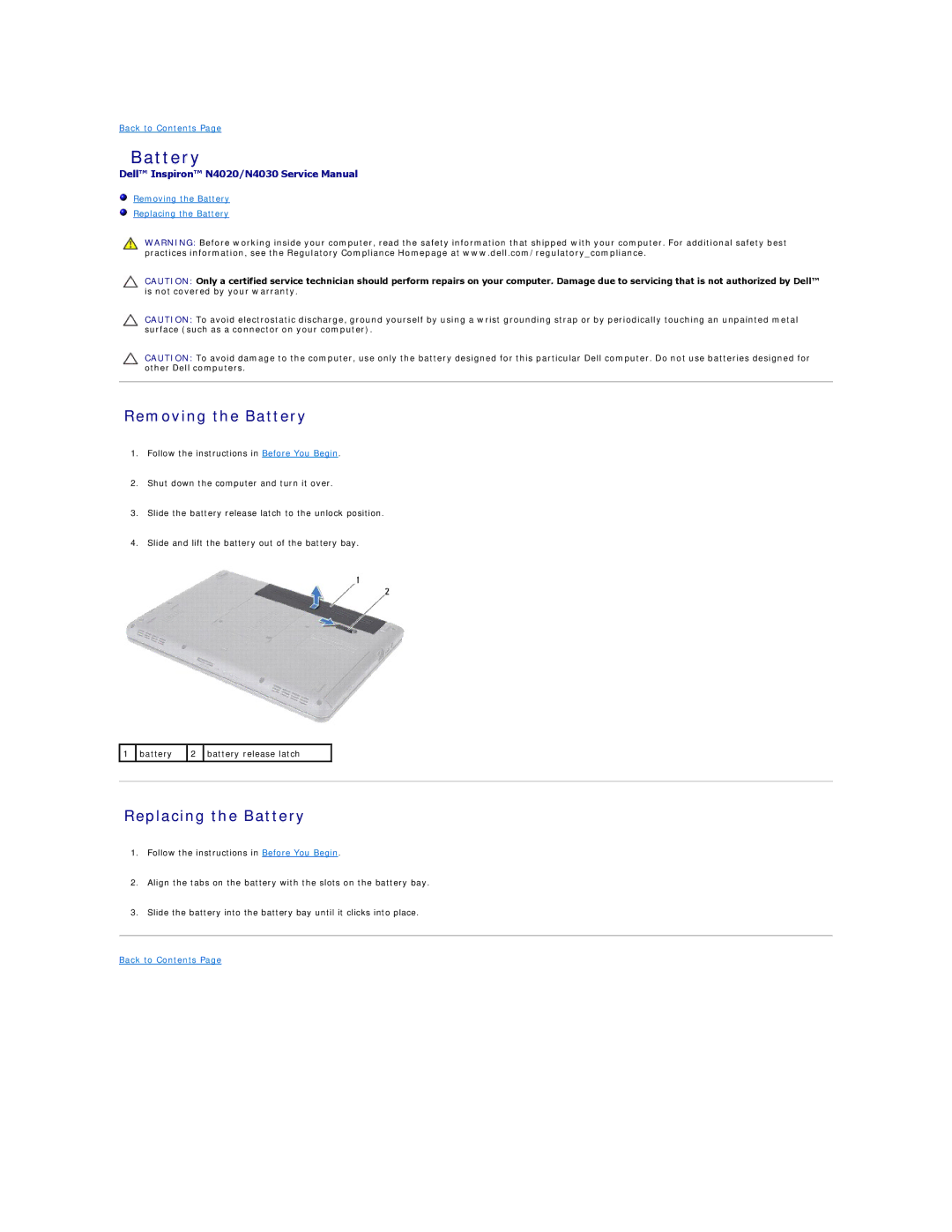 Dell N4030, N4020 manual Removing the Battery, Replacing the Battery 