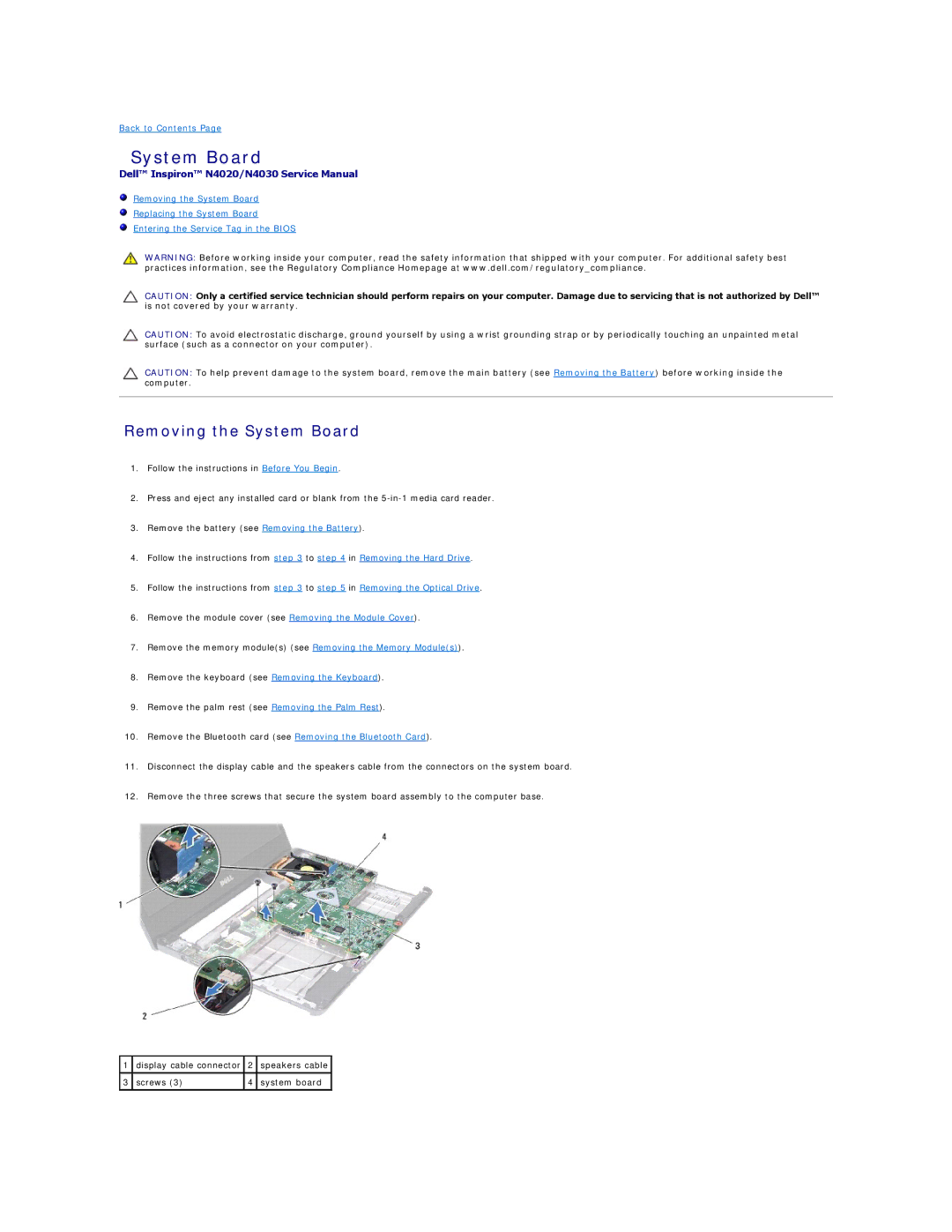 Dell N4020, N4030 manual Removing the System Board 