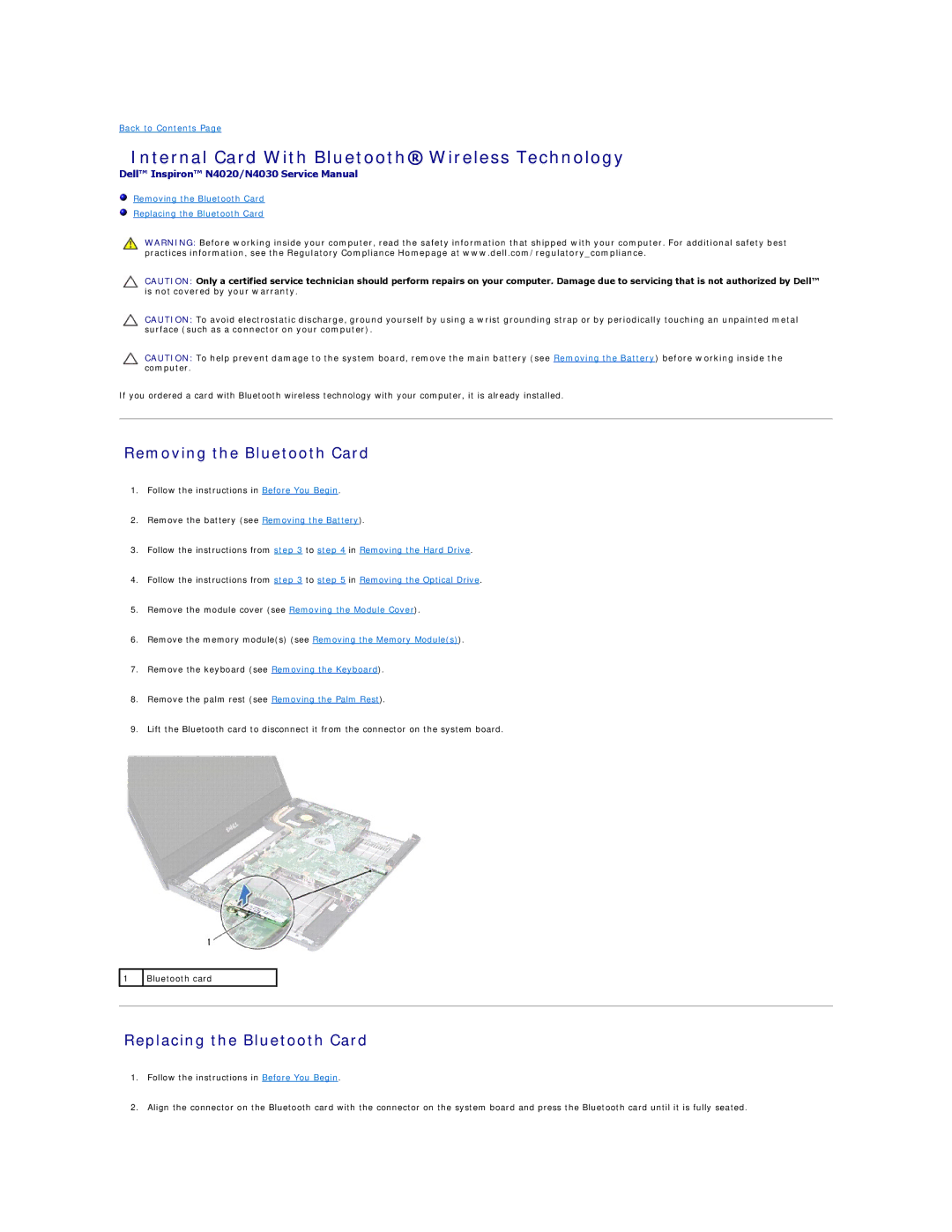 Dell N4020 Internal Card With Bluetooth Wireless Technology, Removing the Bluetooth Card, Replacing the Bluetooth Card 