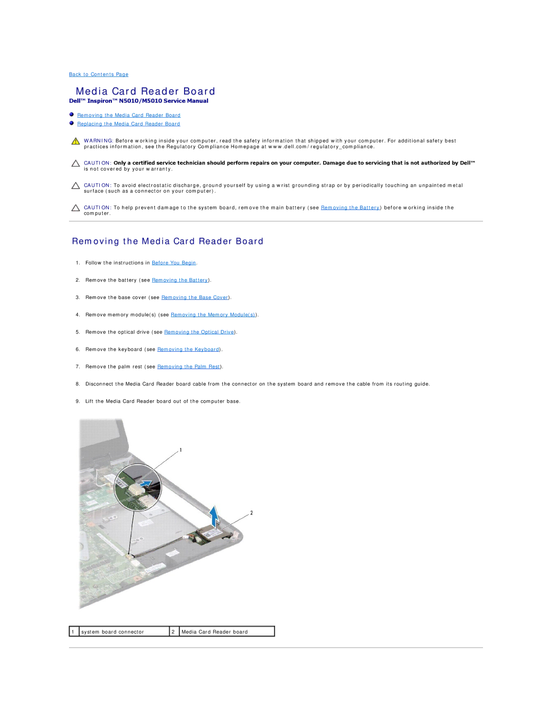 Dell M5010, N5010 manual Removing the Media Card Reader Board 