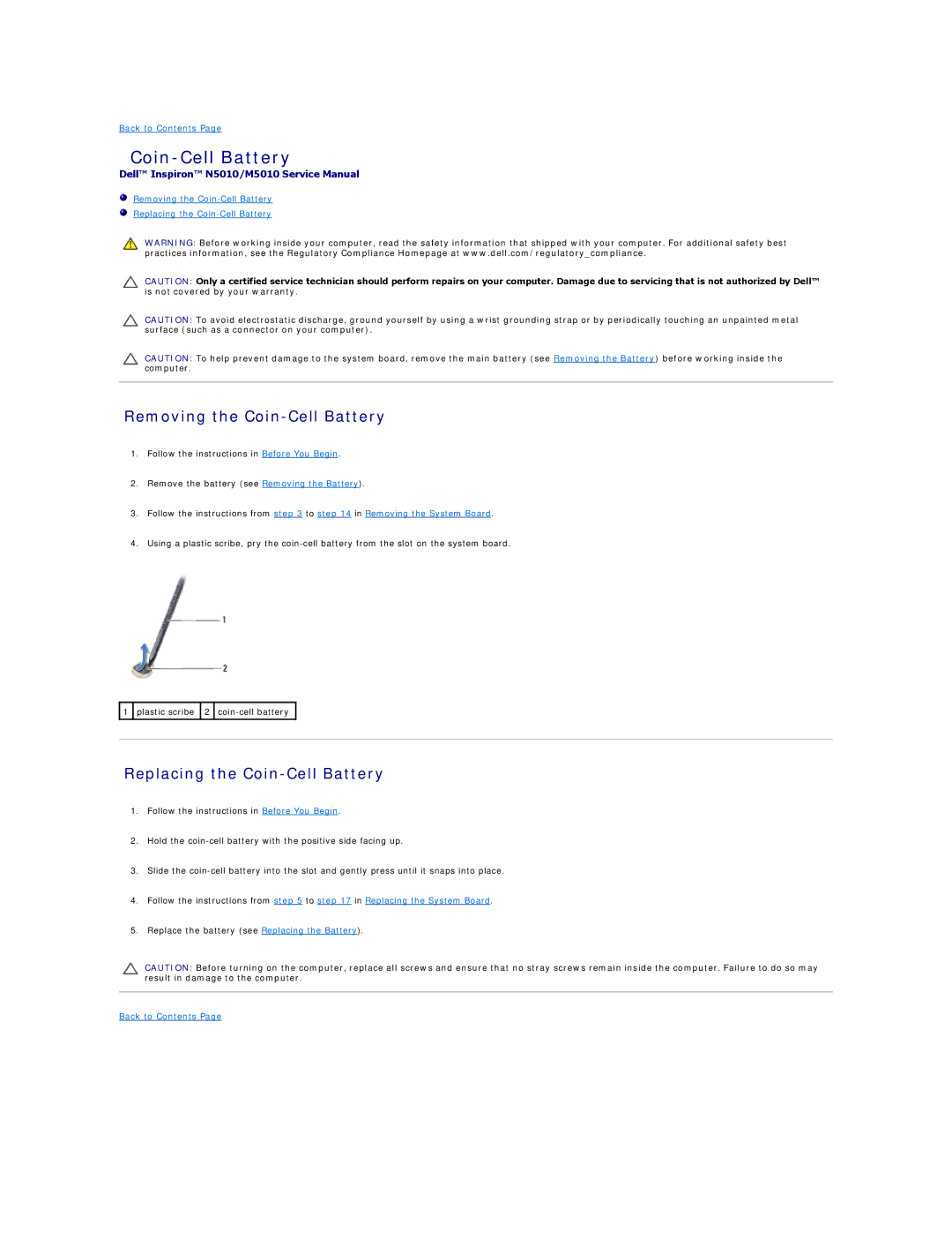 Dell M5010, N5010 manual Removing the Coin-Cell Battery, Replacing the Coin-Cell Battery 