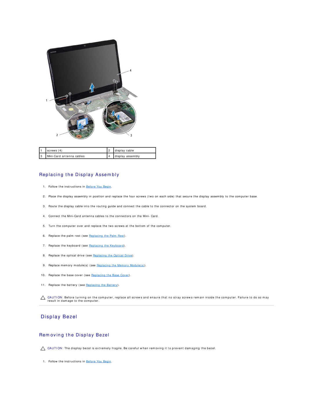 Dell M5010, N5010 manual Display Bezel, Replacing the Display Assembly 