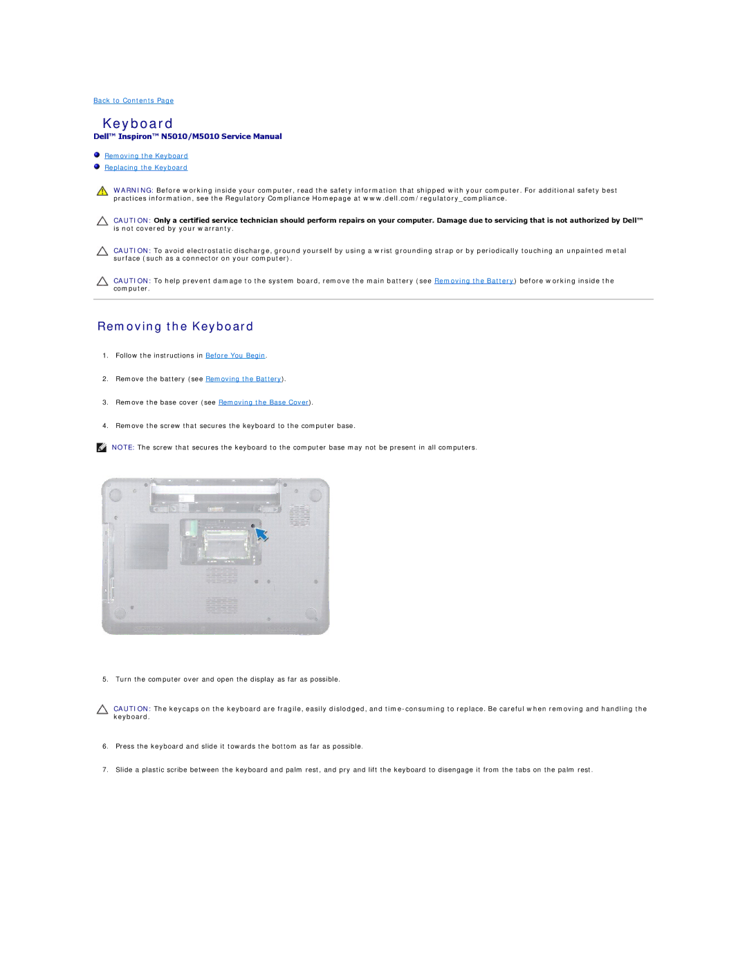 Dell N5010, M5010 manual Removing the Keyboard 