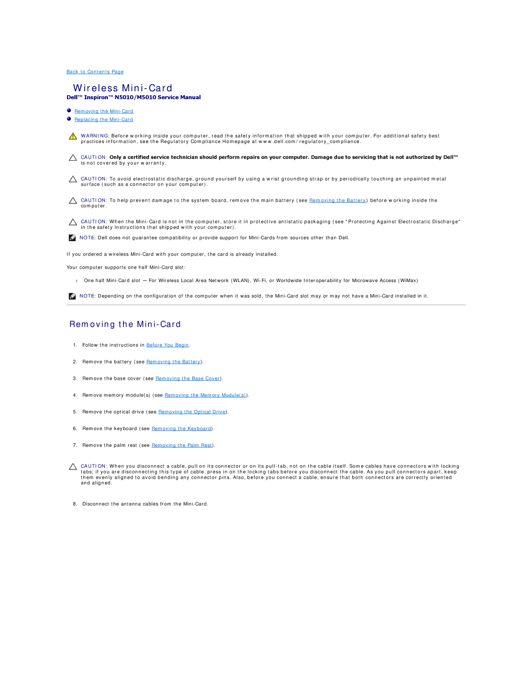 Dell M5010, N5010 manual Wireless Mini-Card, Removing the Mini-Card 