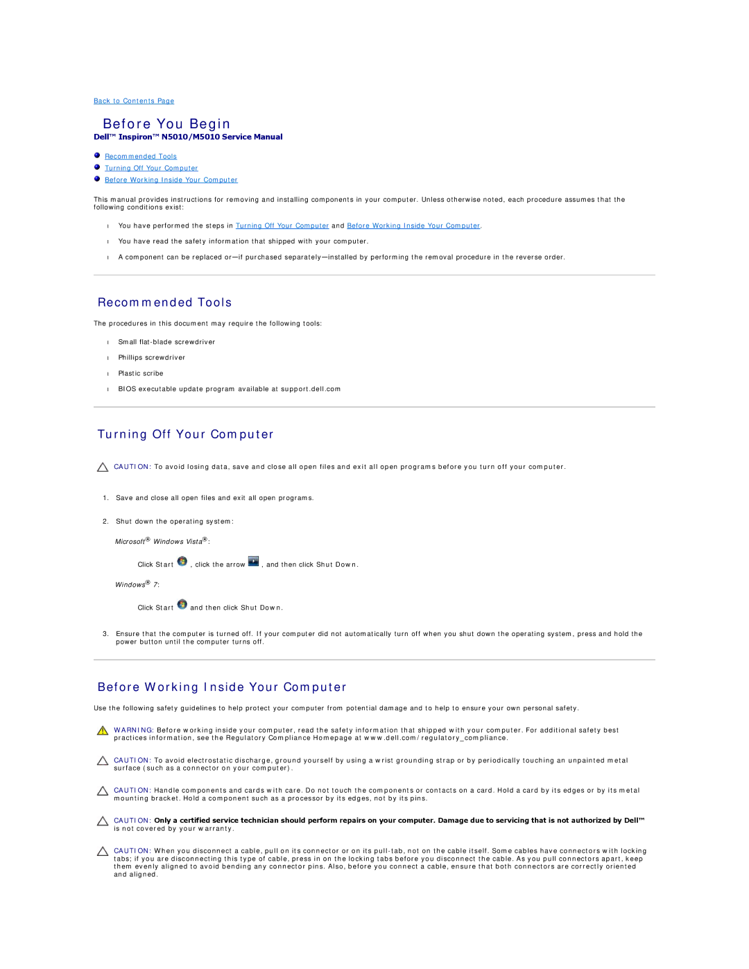 Dell N5010, M5010 manual Before You Begin, Recommended Tools, Turning Off Your Computer, Before Working Inside Your Computer 