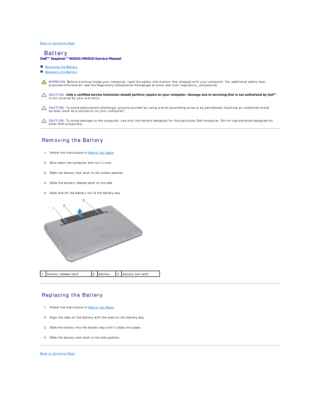 Dell M5010, N5010 manual Removing the Battery, Replacing the Battery 