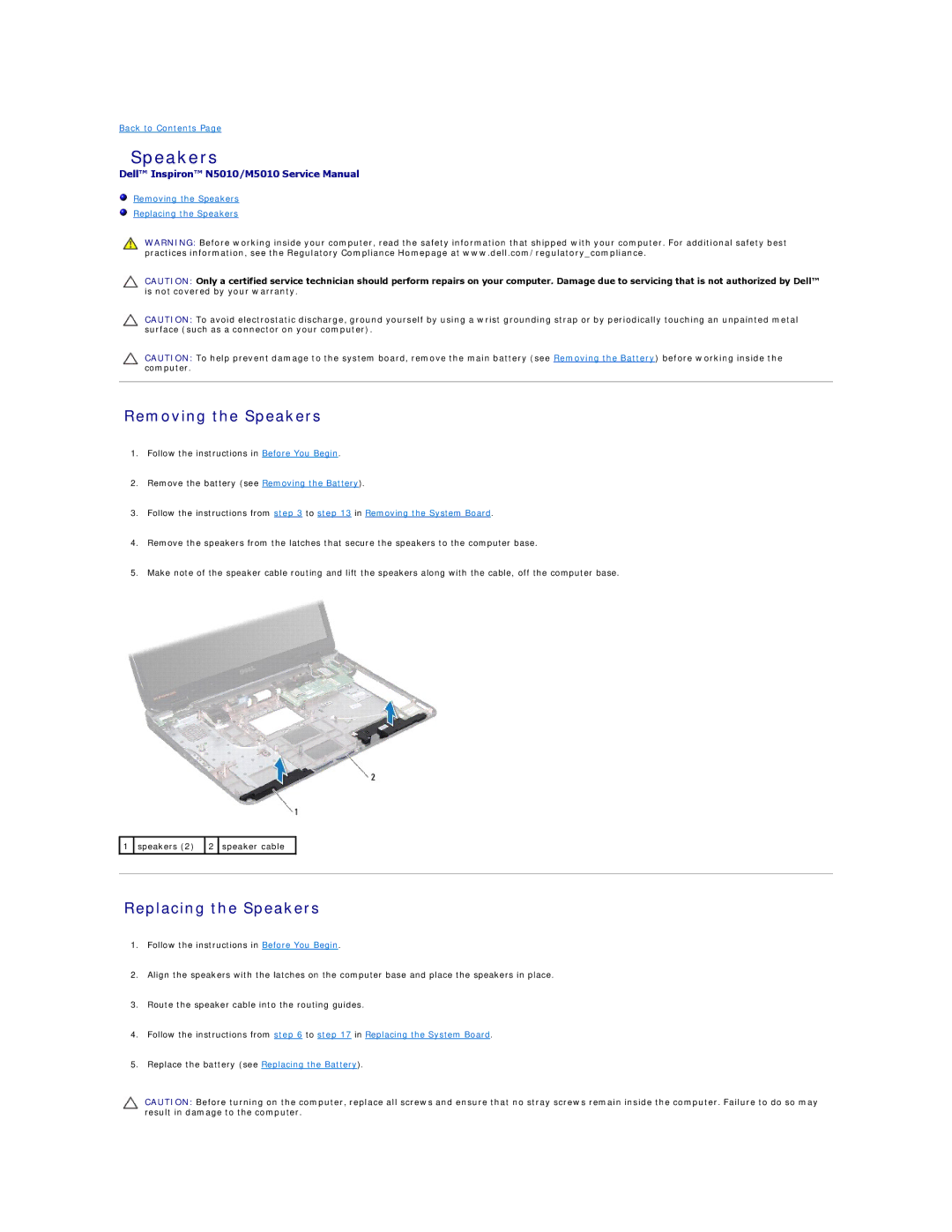 Dell N5010, M5010 manual Removing the Speakers, Replacing the Speakers 