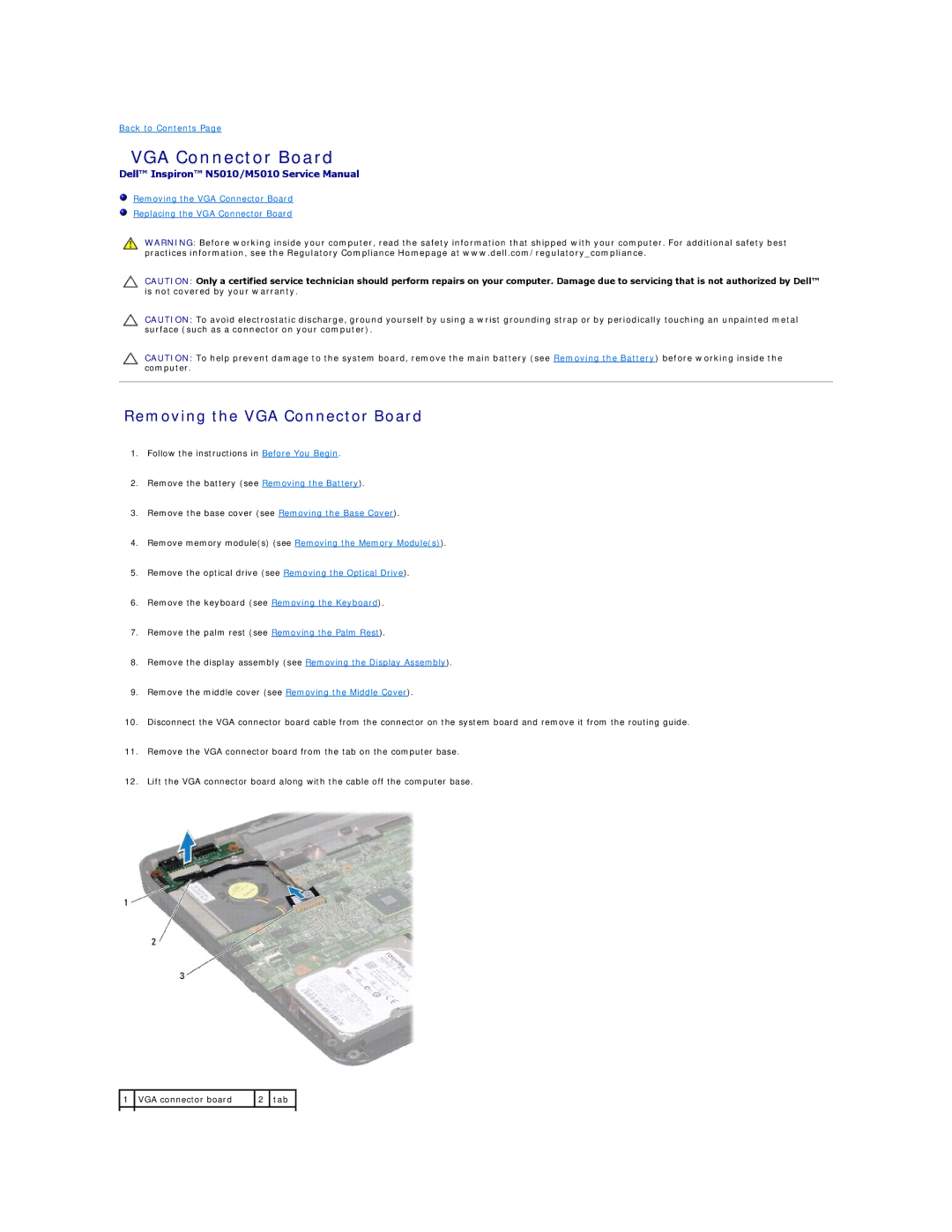 Dell N5010, M5010 manual Removing the VGA Connector Board 