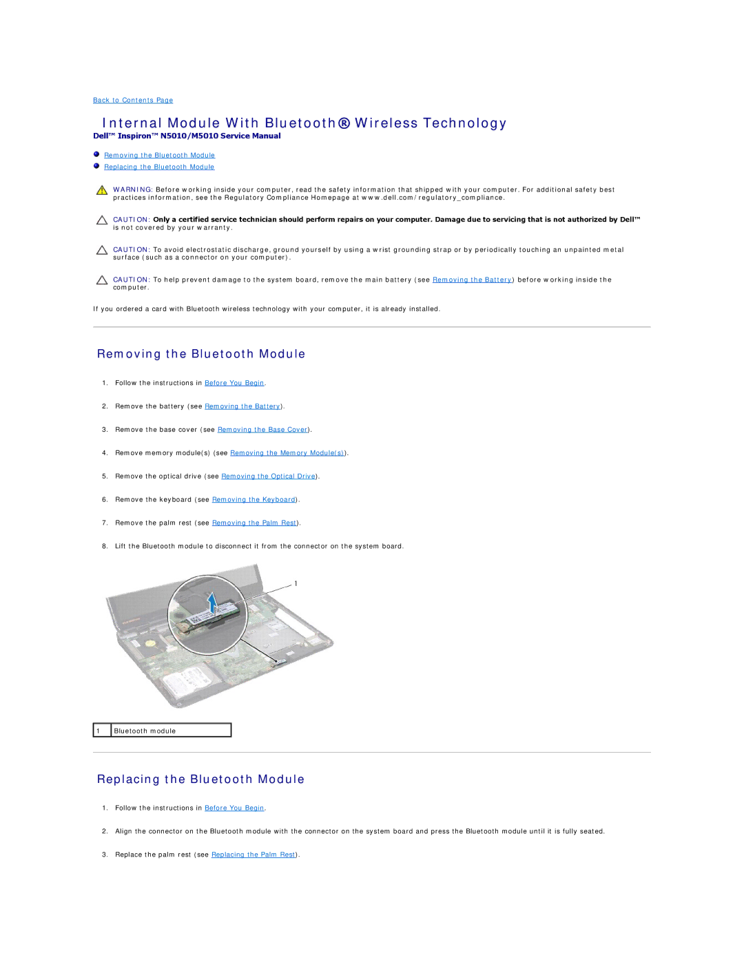 Dell M5010, N5010 manual Internal Module With Bluetooth Wireless Technology, Removing the Bluetooth Module 