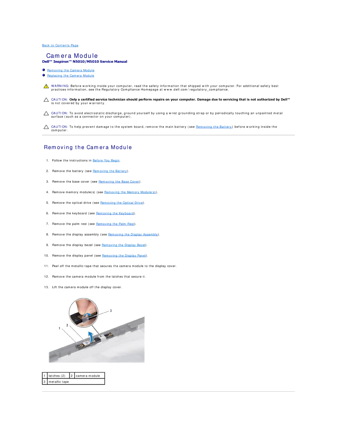 Dell M5010, N5010 manual Removing the Camera Module 