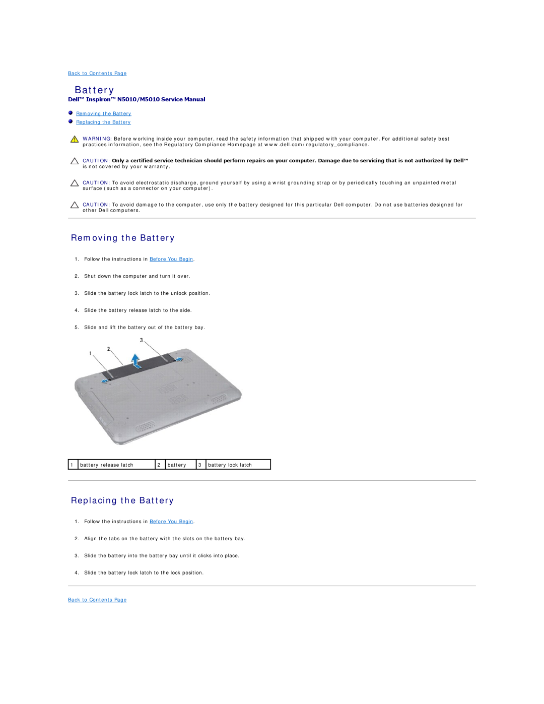 Dell manual Removing the Battery Replacing the Battery, Dell Inspiron N5010/M5010 Service Manual 