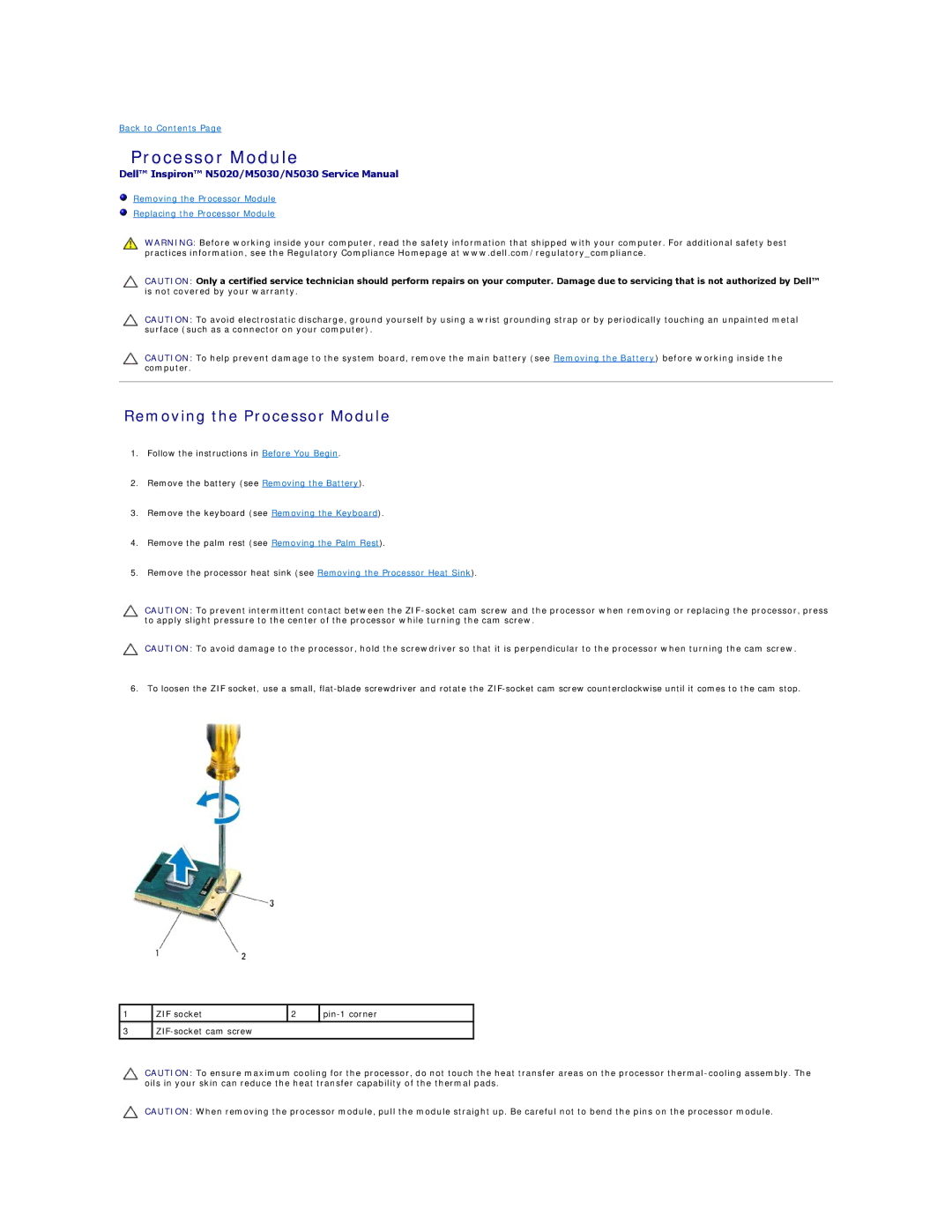 Dell N5020, N5030, M5030 manual Removing the Processor Module 