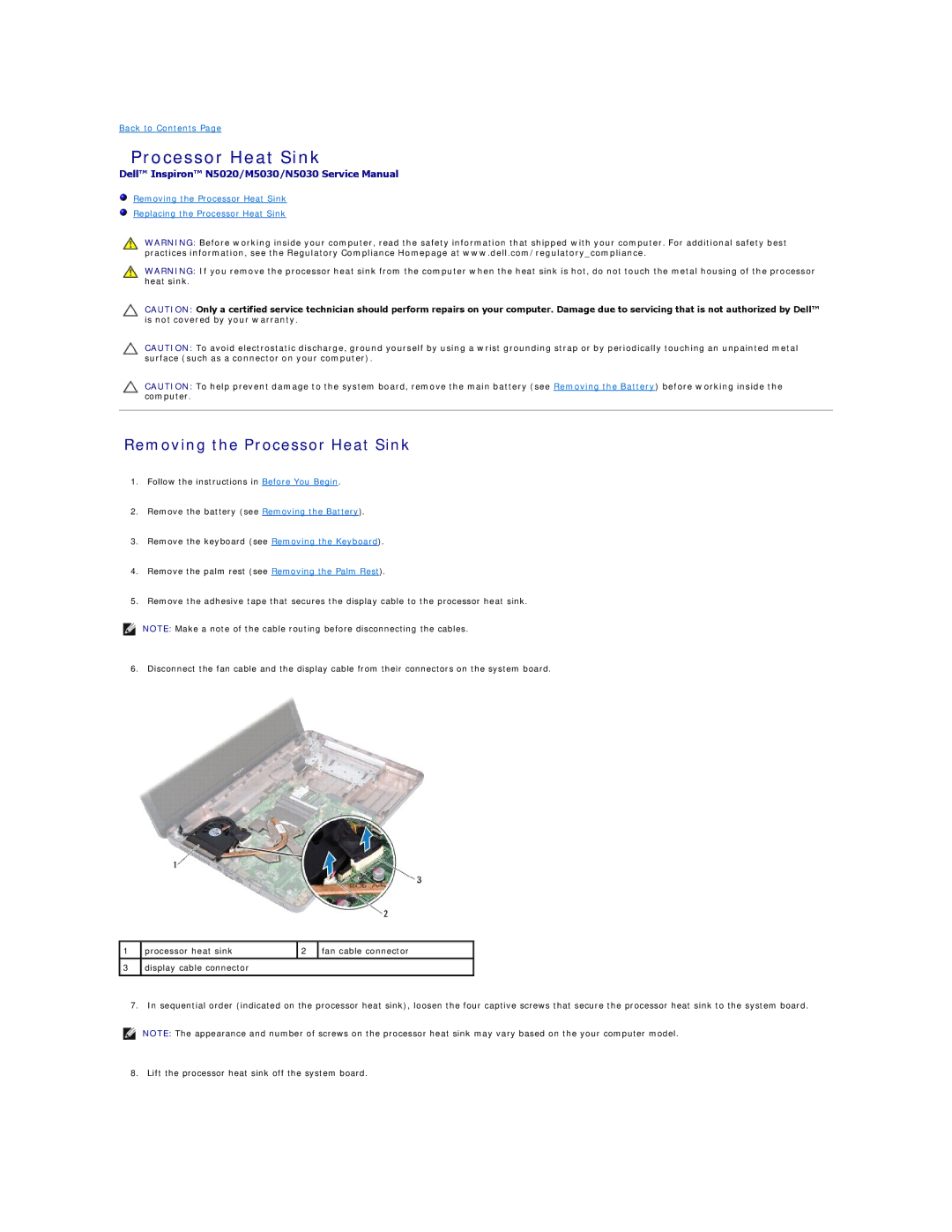 Dell N5030, N5020, M5030 manual Removing the Processor Heat Sink 