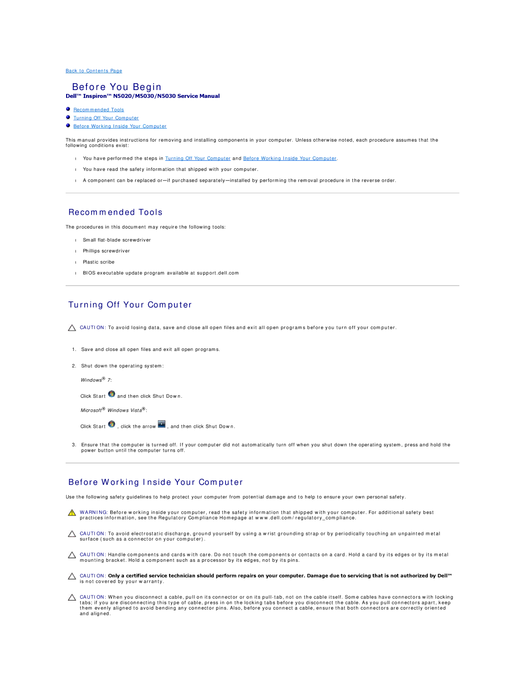 Dell M5030, N5030 manual Before You Begin, Recommended Tools, Turning Off Your Computer, Before Working Inside Your Computer 