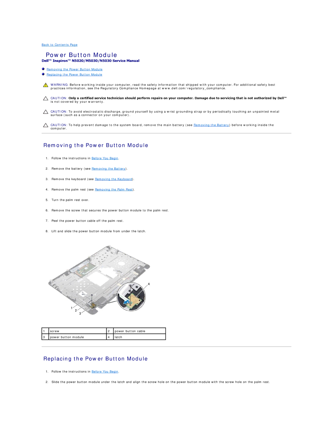 Dell N5030, N5020, M5030 manual Removing the Power Button Module, Replacing the Power Button Module 