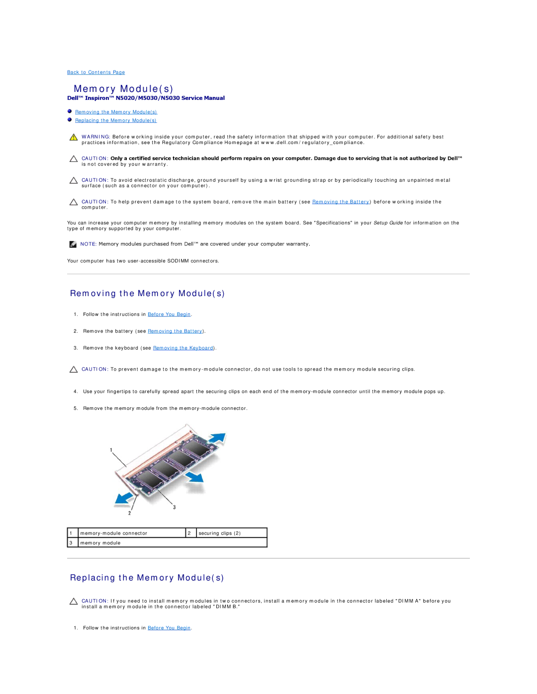 Dell M5030, N5030, N5020 manual Removing the Memory Modules, Replacing the Memory Modules 