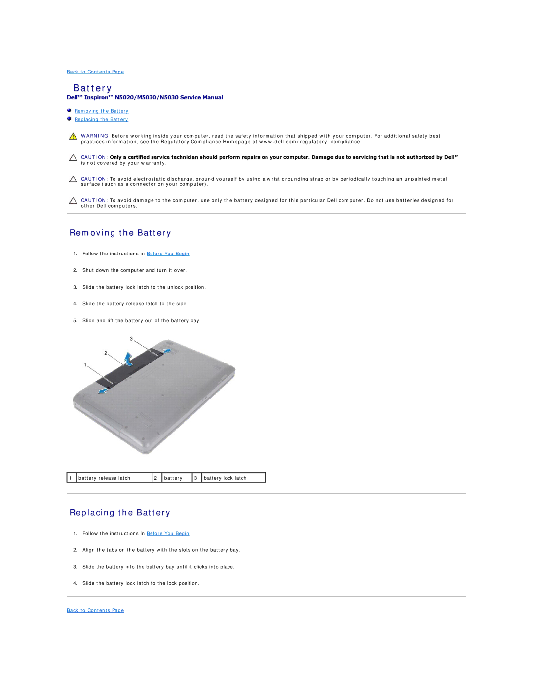 Dell M5030, N5030, N5020 manual Removing the Battery, Replacing the Battery 