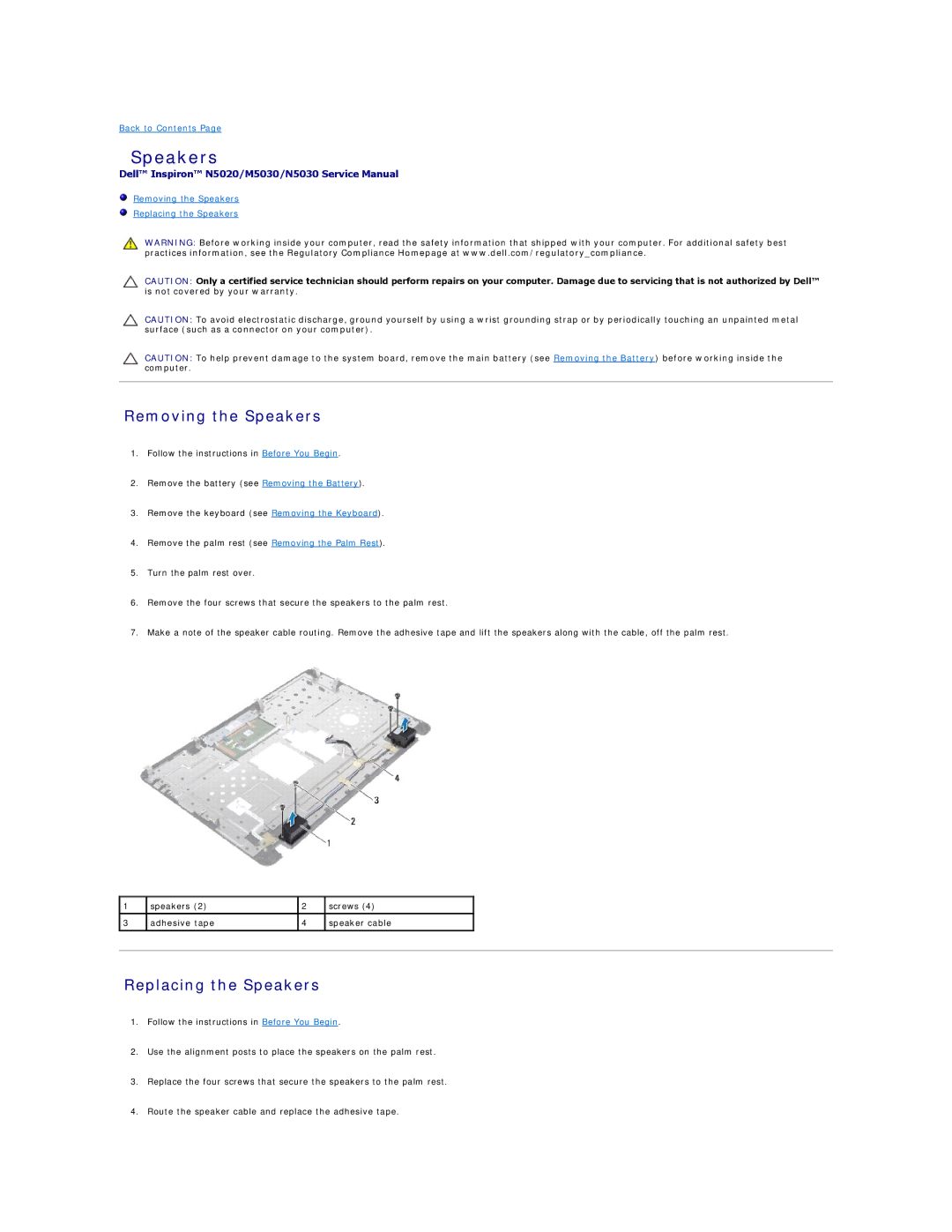 Dell N5020, N5030, M5030 manual Removing the Speakers, Replacing the Speakers 