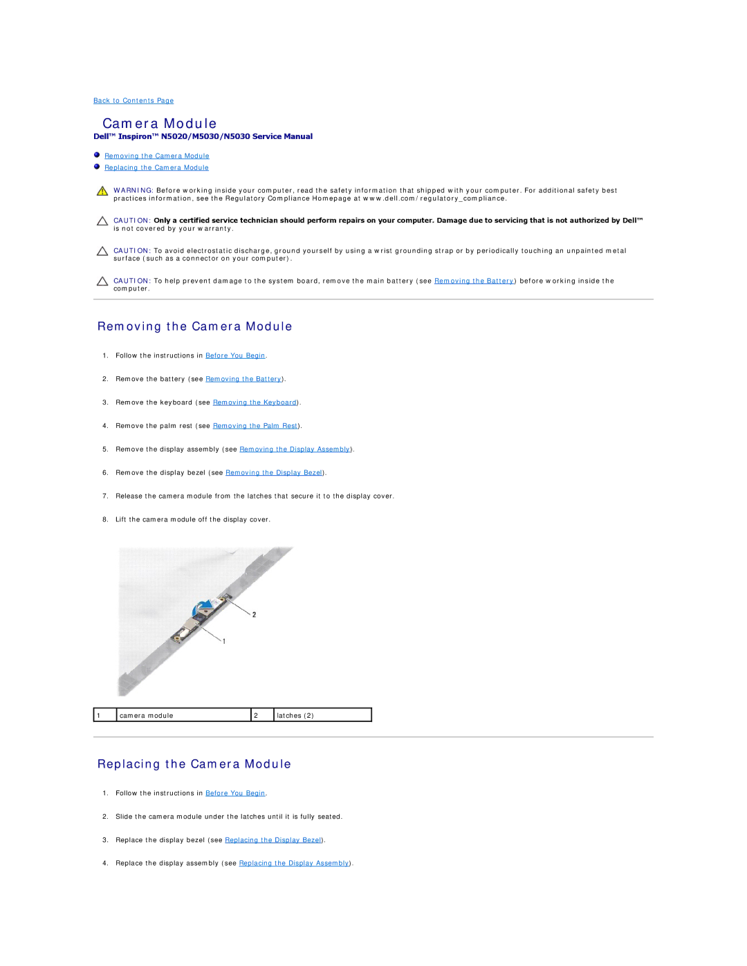 Dell N5020, N5030, M5030 manual Removing the Camera Module, Replacing the Camera Module 