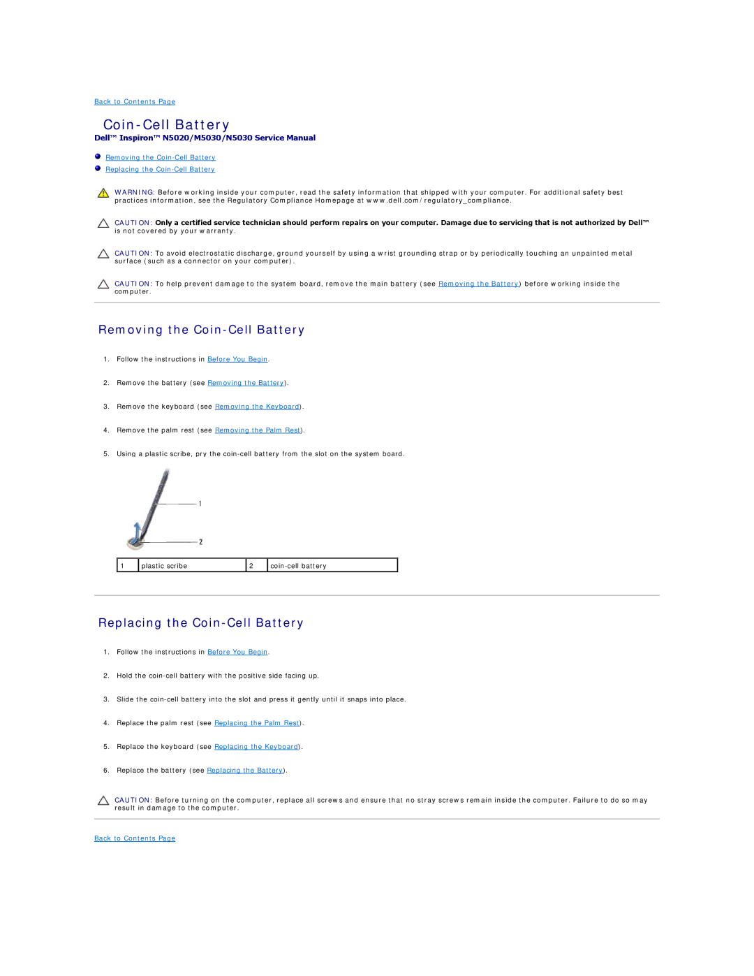 Dell N5030, N5020, M5030 manual Removing the Coin-Cell Battery, Replacing the Coin-Cell Battery 