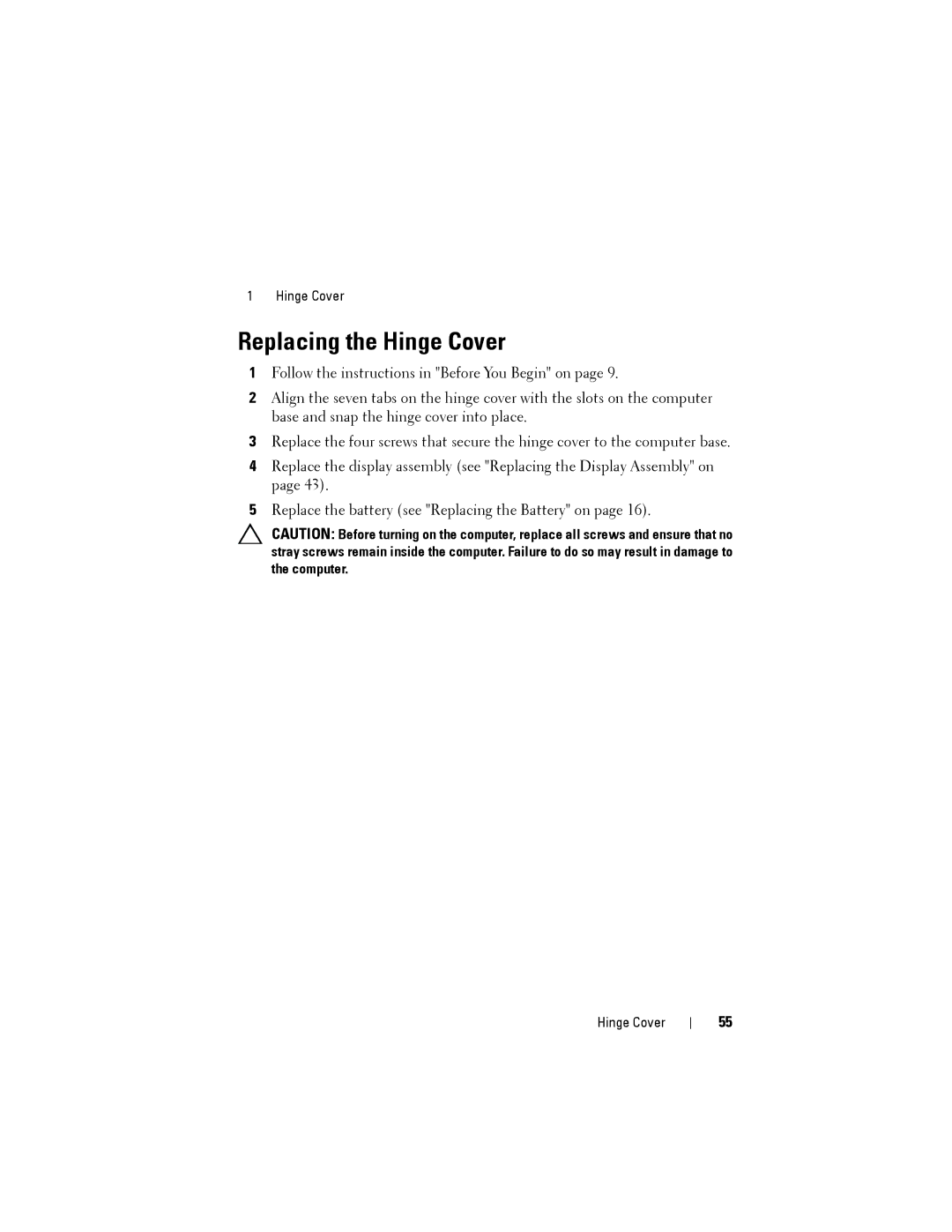 Dell N5110 service manual Replacing the Hinge Cover 