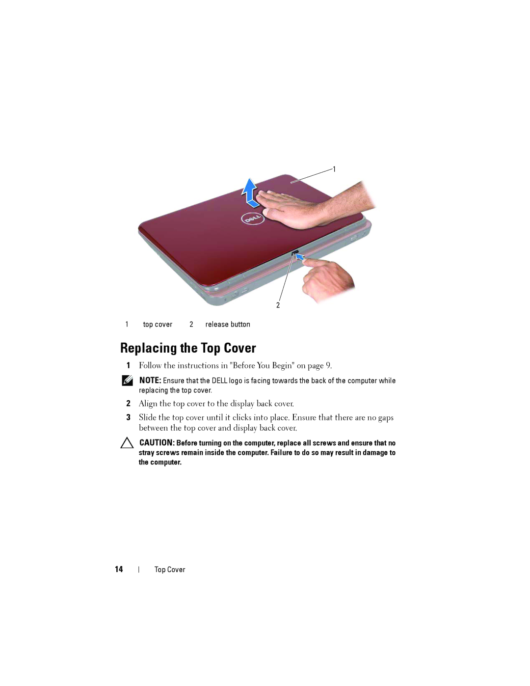 Dell N5110 service manual Replacing the Top Cover 