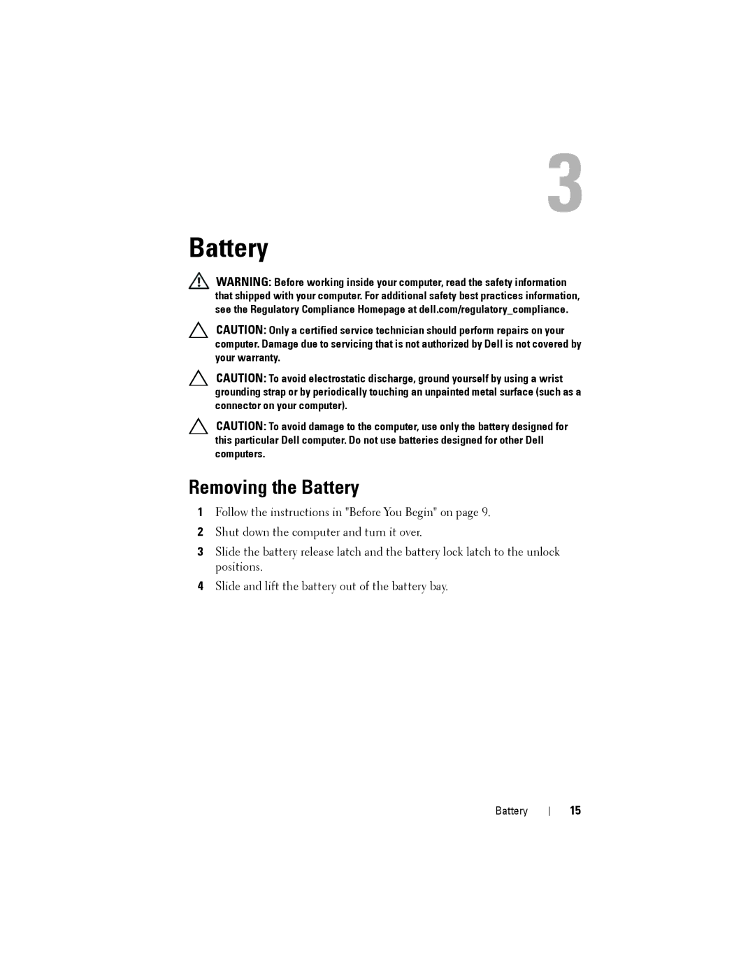 Dell N5110 service manual Removing the Battery 