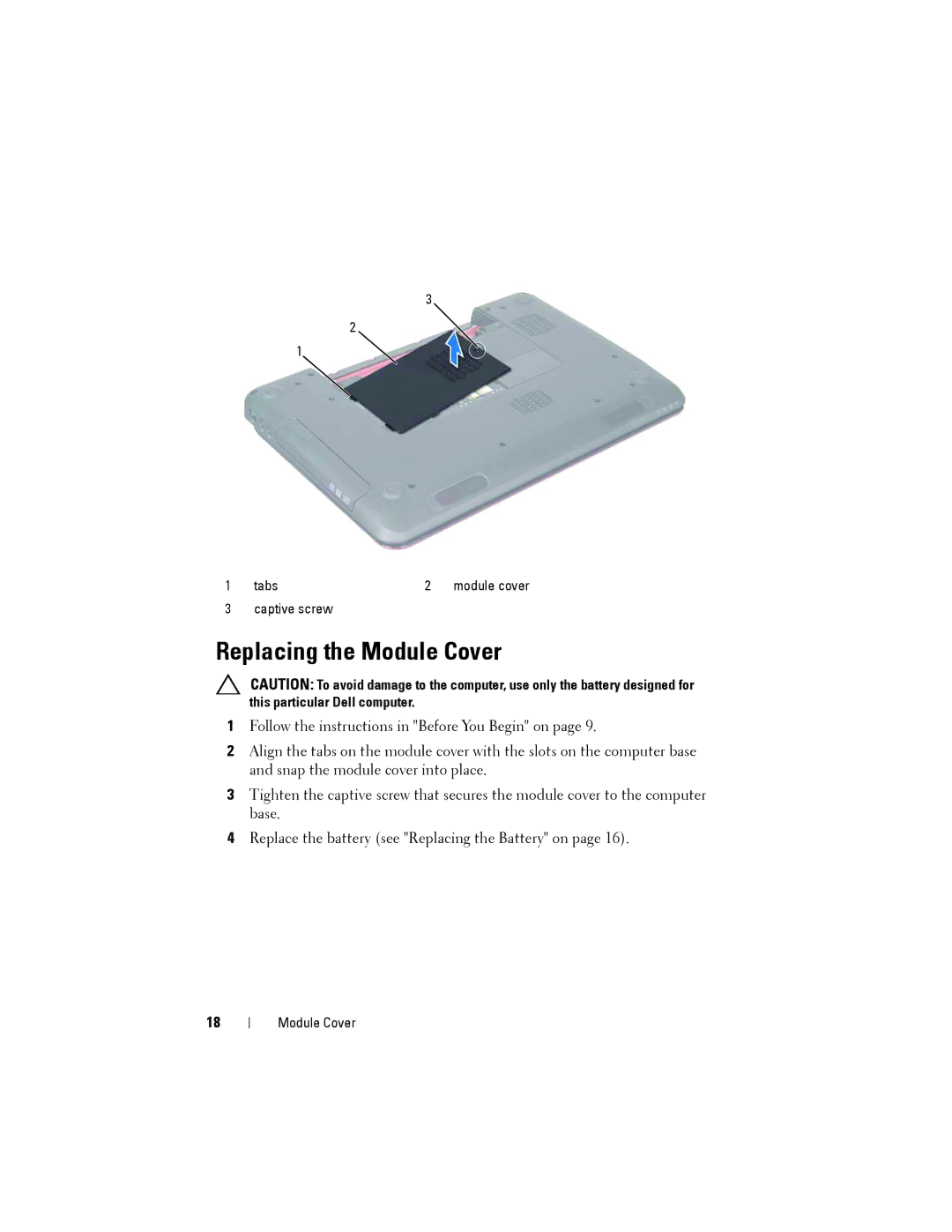 Dell N5110 service manual Replacing the Module Cover 