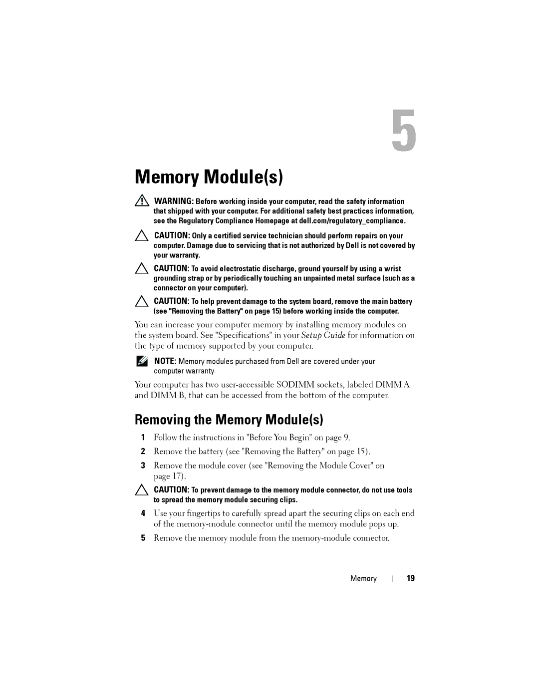 Dell N5110 service manual Removing the Memory Modules 