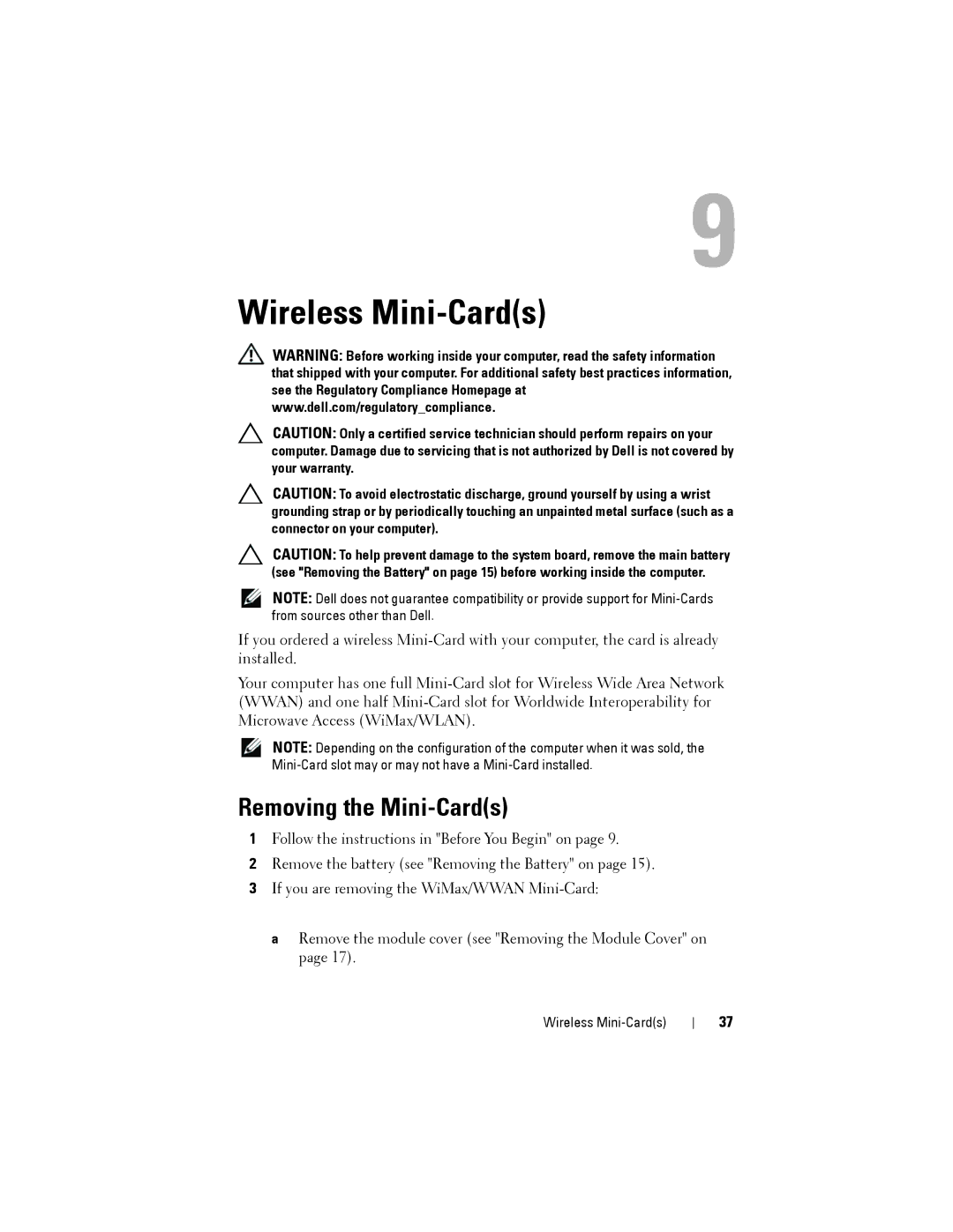 Dell N5110 service manual Wireless Mini-Cards, Removing the Mini-Cards 