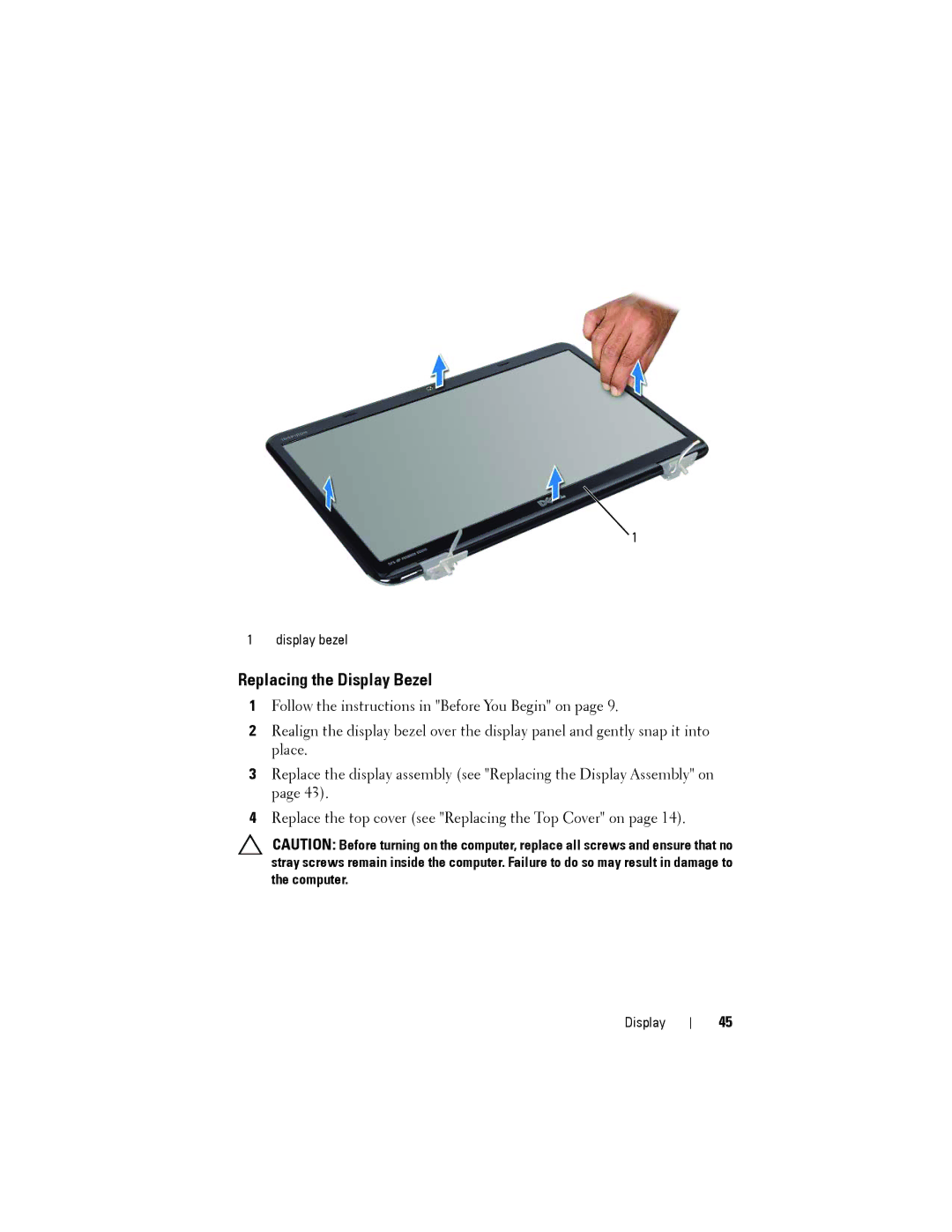 Dell N5110 service manual Replacing the Display Bezel 