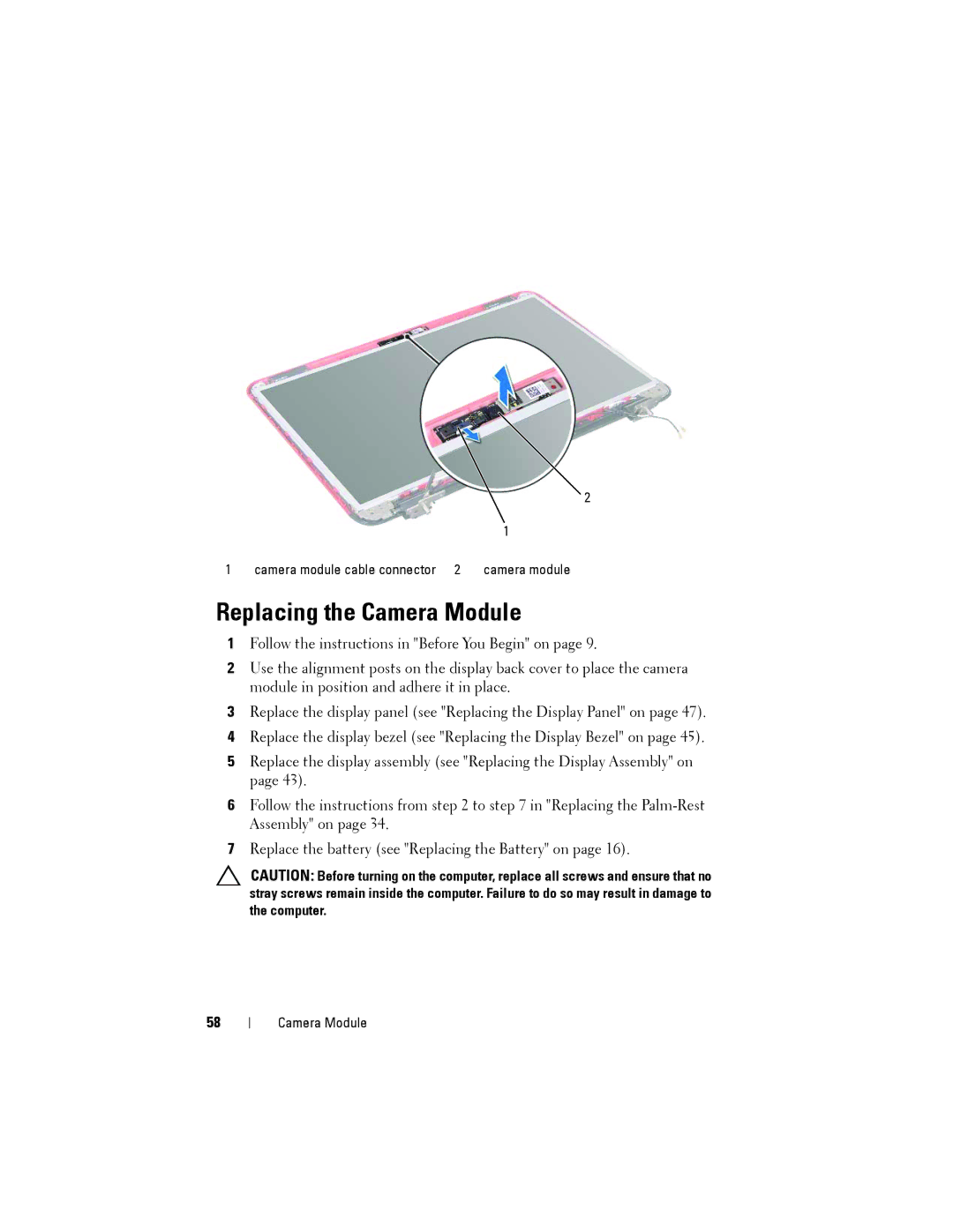 Dell N5110 service manual Replacing the Camera Module 