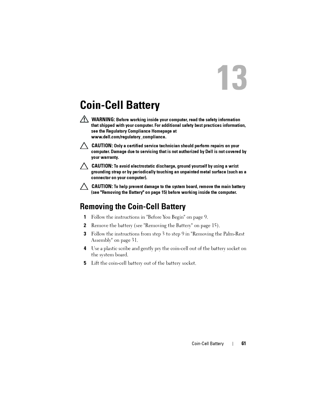 Dell N5110 service manual Removing the Coin-Cell Battery 