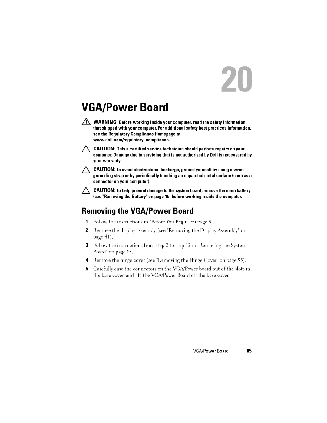 Dell N5110 service manual Removing the VGA/Power Board 