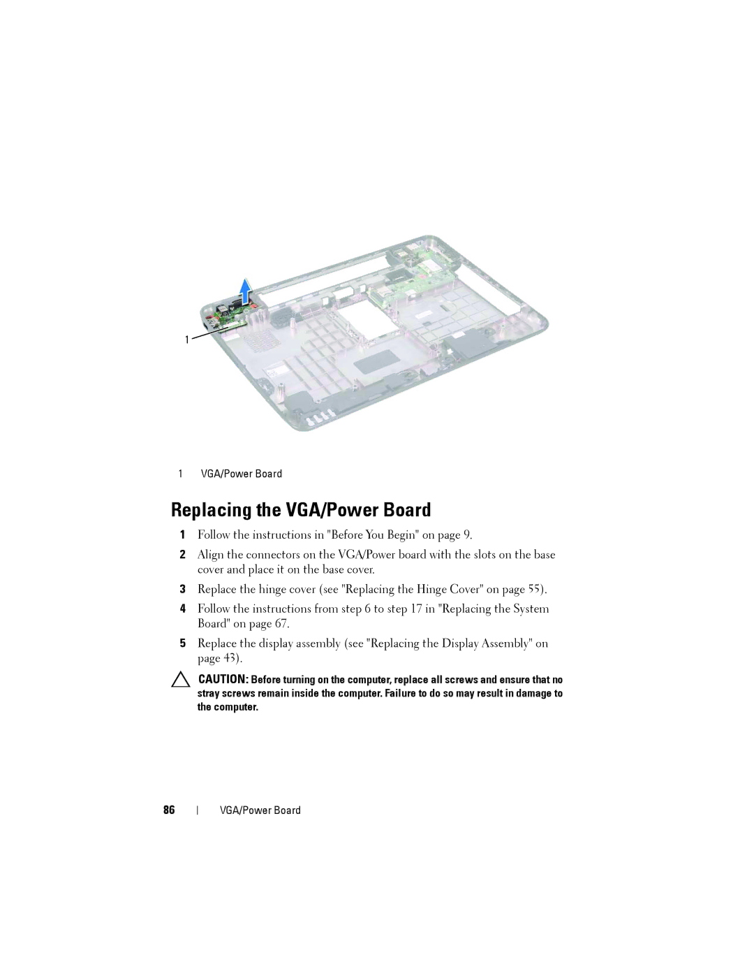 Dell N5110 service manual Replacing the VGA/Power Board 