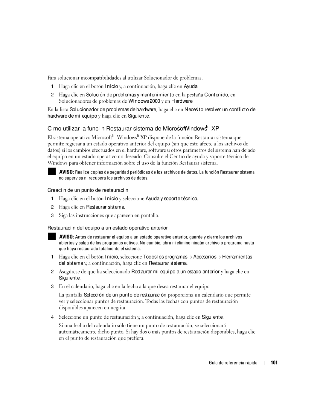 Dell N7132 manual Creación de un punto de restauración, Restauración del equipo a un estado operativo anterior, 101 