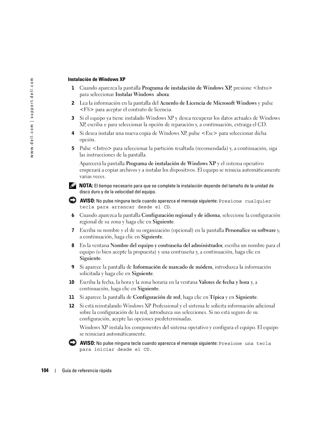 Dell N7132 manual Instalación de Windows XP, 104 