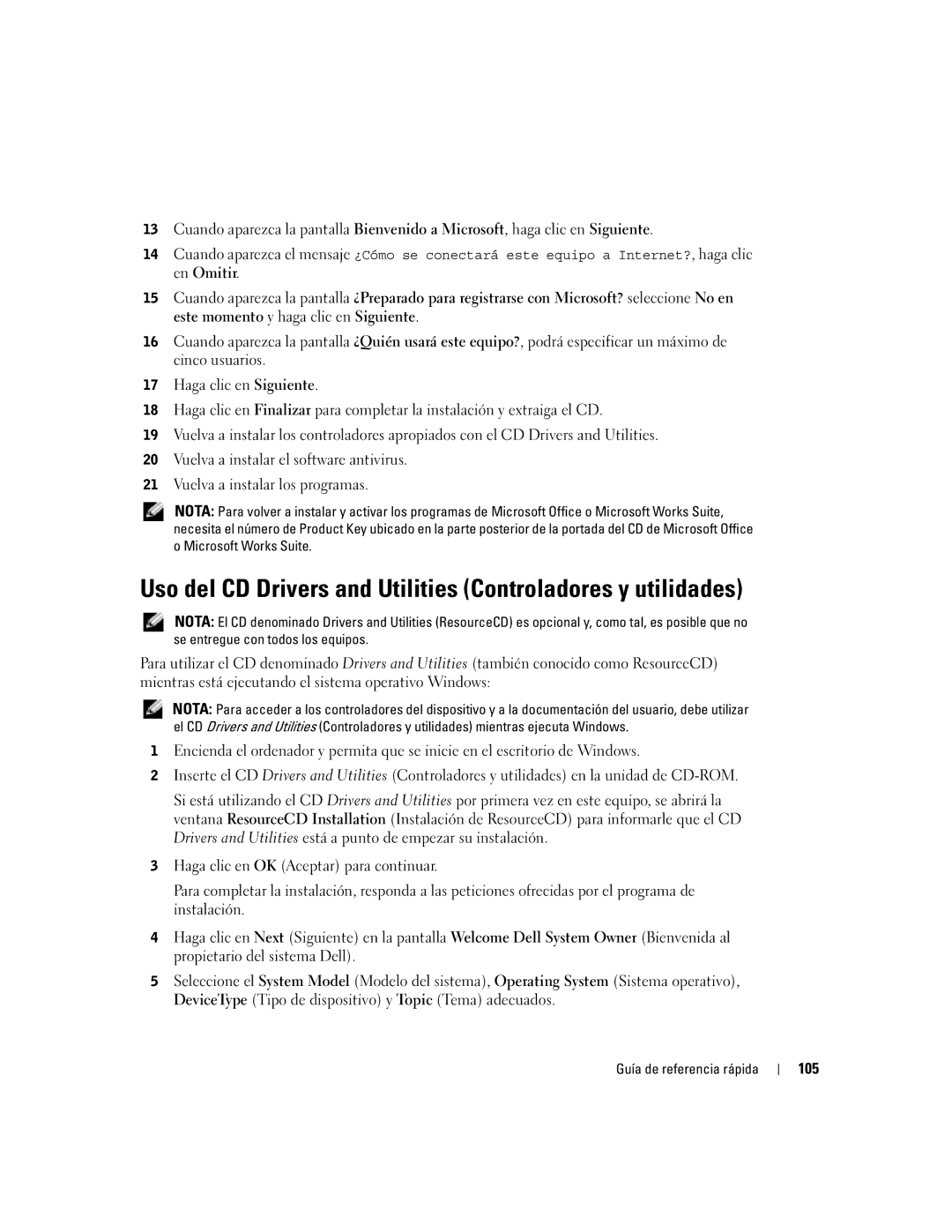 Dell N7132 manual Uso del CD Drivers and Utilities Controladores y utilidades, 105 