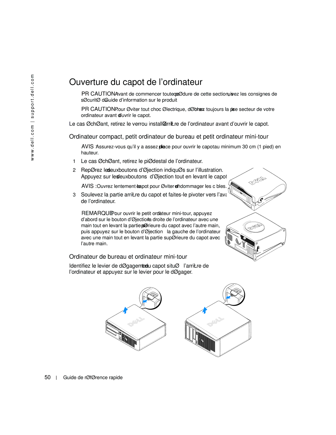 Dell N7132 manual Ouverture du capot de lordinateur, Ordinateur de bureau et ordinateur mini-tour 