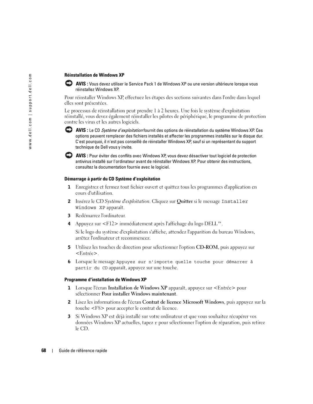 Dell N7132 manual Réinstallation de Windows XP, Démarrage à partir du CD Système dexploitation 