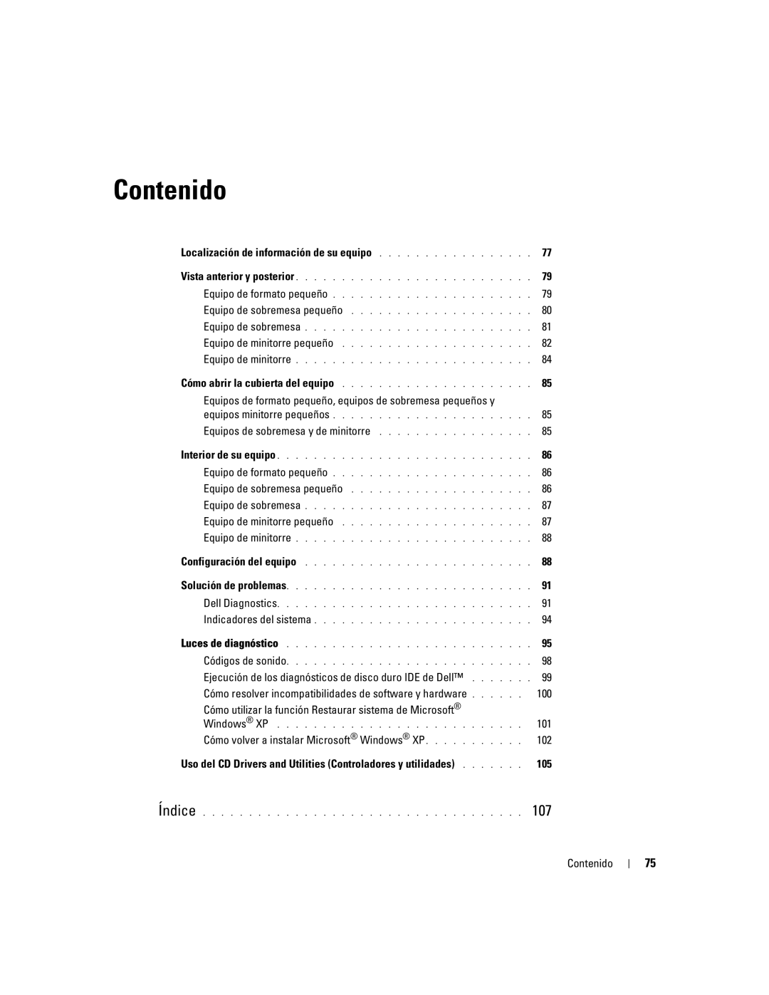 Dell N7132 manual Localización de información de su equipo, Equipos de sobremesa y de minitorre, Contenido 