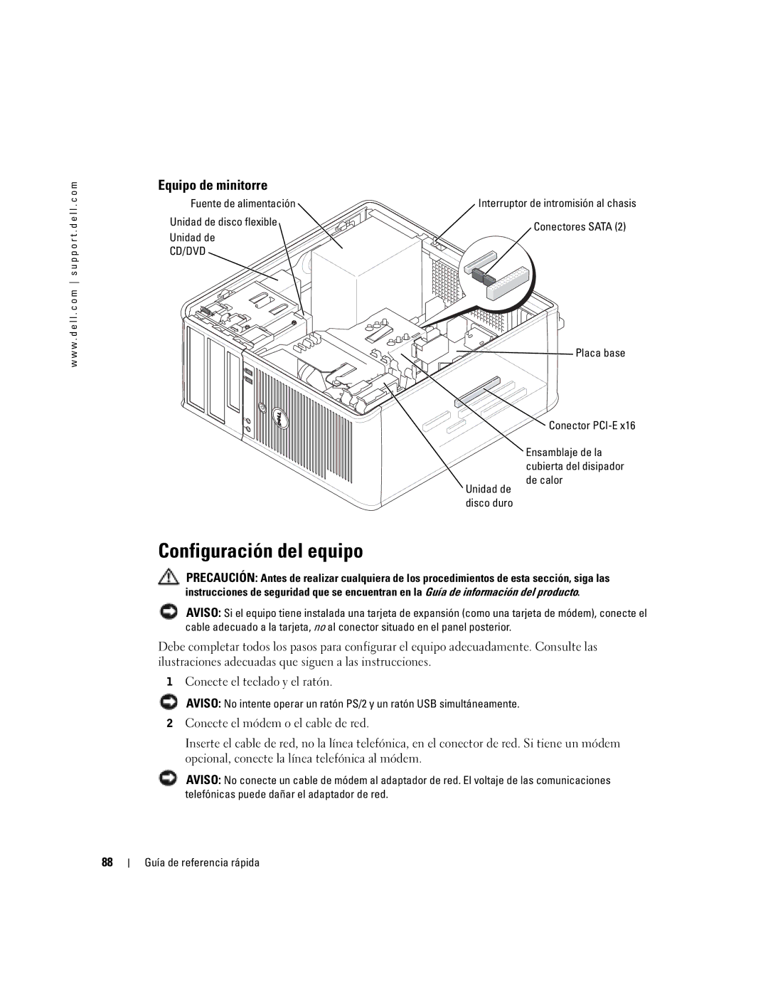 Dell N7132 manual Configuración del equipo, Fuente de alimentación Unidad de disco flexible Unidad de, De calor 