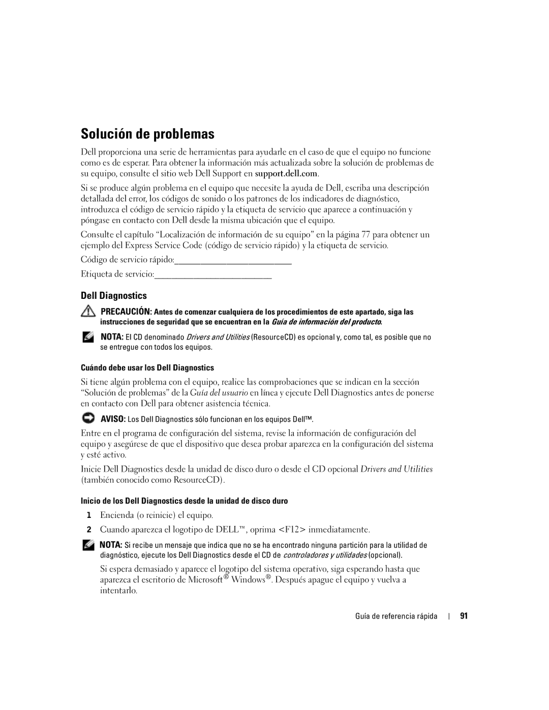 Dell N7132 manual Solución de problemas, Cuándo debe usar los Dell Diagnostics 